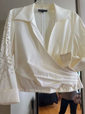 White Women's Wrap Blouse with Laser-Cut Sleeves